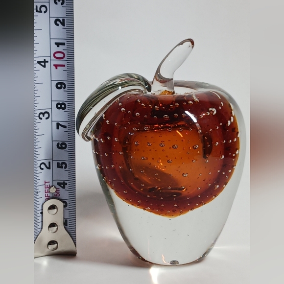 1980s Murano Style Amber Art Glass Bullicante Apple Figurine Paperweight - Picture 8 of 10